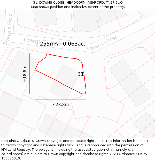 31, DOWNS CLOSE, HEADCORN, ASHFORD, TN27 9UG: Plot and title map