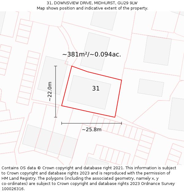 31, DOWNSVIEW DRIVE, MIDHURST, GU29 9LW: Plot and title map