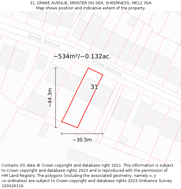 31, DRAKE AVENUE, MINSTER ON SEA, SHEERNESS, ME12 3SA: Plot and title map