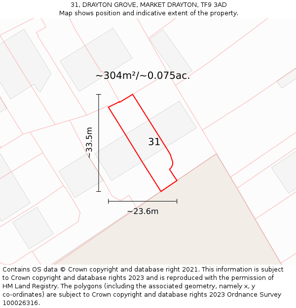 31, DRAYTON GROVE, MARKET DRAYTON, TF9 3AD: Plot and title map
