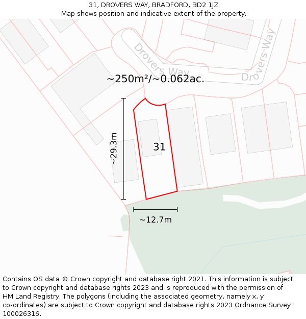 31, DROVERS WAY, BRADFORD, BD2 1JZ: Plot and title map