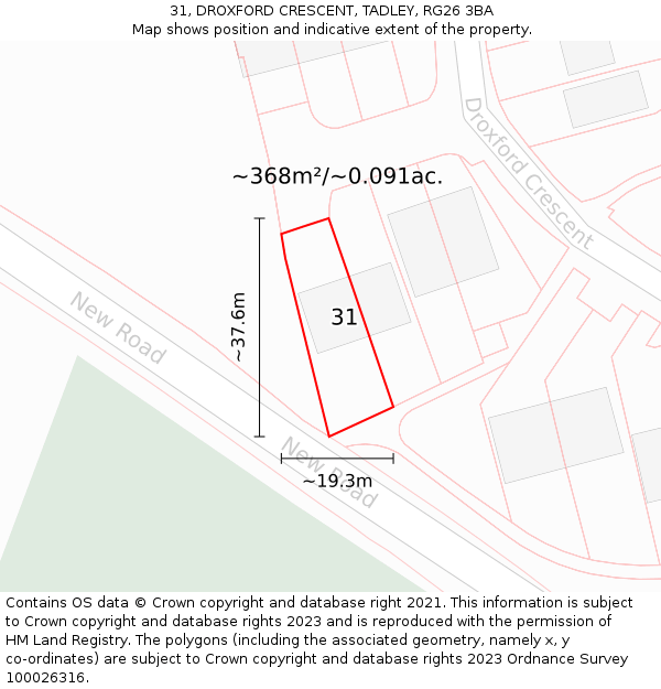 31, DROXFORD CRESCENT, TADLEY, RG26 3BA: Plot and title map
