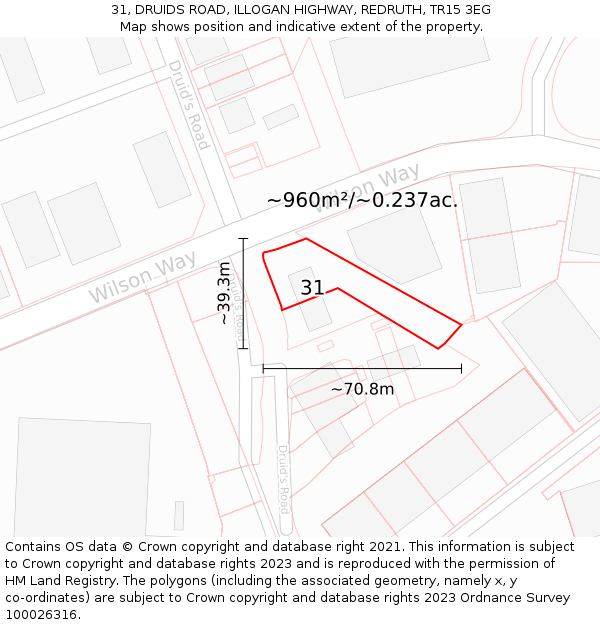 31, DRUIDS ROAD, ILLOGAN HIGHWAY, REDRUTH, TR15 3EG: Plot and title map