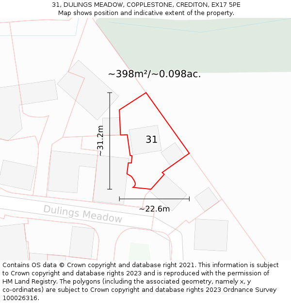 31, DULINGS MEADOW, COPPLESTONE, CREDITON, EX17 5PE: Plot and title map