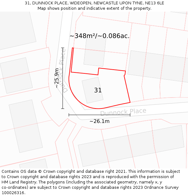 31, DUNNOCK PLACE, WIDEOPEN, NEWCASTLE UPON TYNE, NE13 6LE: Plot and title map