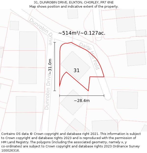 31, DUNROBIN DRIVE, EUXTON, CHORLEY, PR7 6NE: Plot and title map
