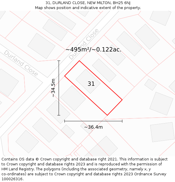 31, DURLAND CLOSE, NEW MILTON, BH25 6NJ: Plot and title map