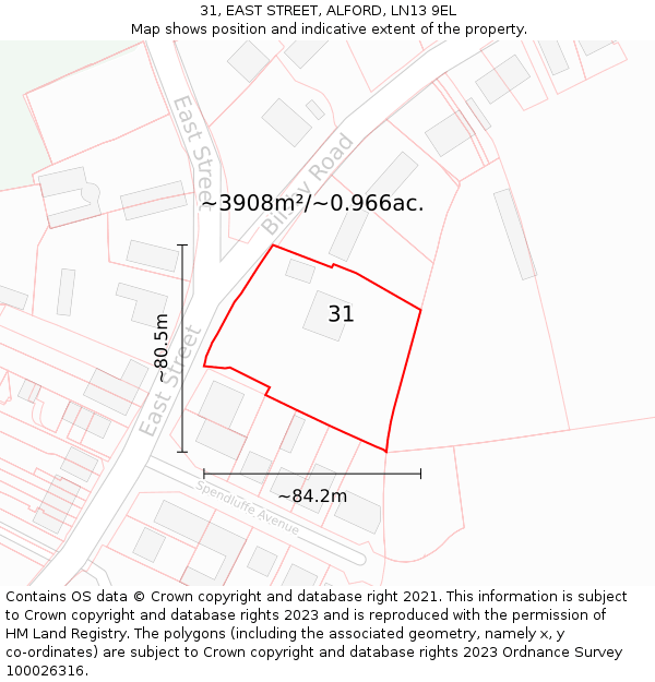31, EAST STREET, ALFORD, LN13 9EL: Plot and title map