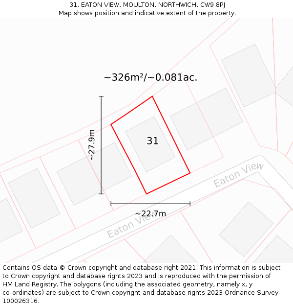 31, EATON VIEW, MOULTON, NORTHWICH, CW9 8PJ: Plot and title map