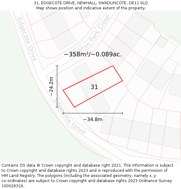31, EDGECOTE DRIVE, NEWHALL, SWADLINCOTE, DE11 0LD: Plot and title map