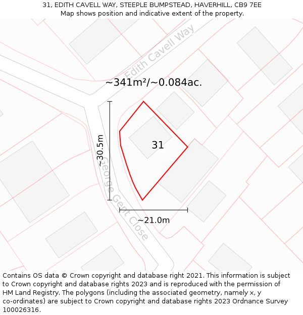 31, EDITH CAVELL WAY, STEEPLE BUMPSTEAD, HAVERHILL, CB9 7EE: Plot and title map