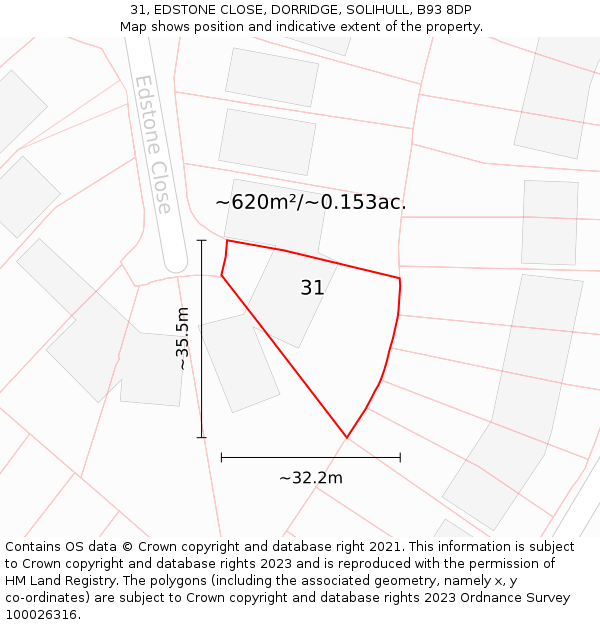 31, EDSTONE CLOSE, DORRIDGE, SOLIHULL, B93 8DP: Plot and title map