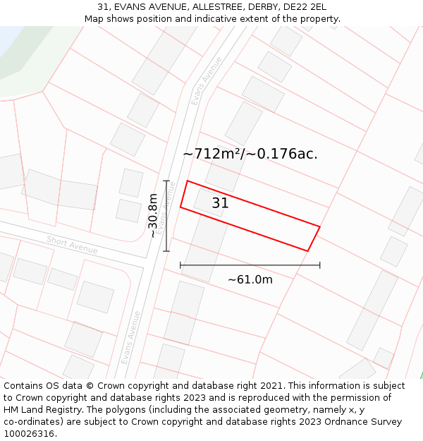 31, EVANS AVENUE, ALLESTREE, DERBY, DE22 2EL: Plot and title map
