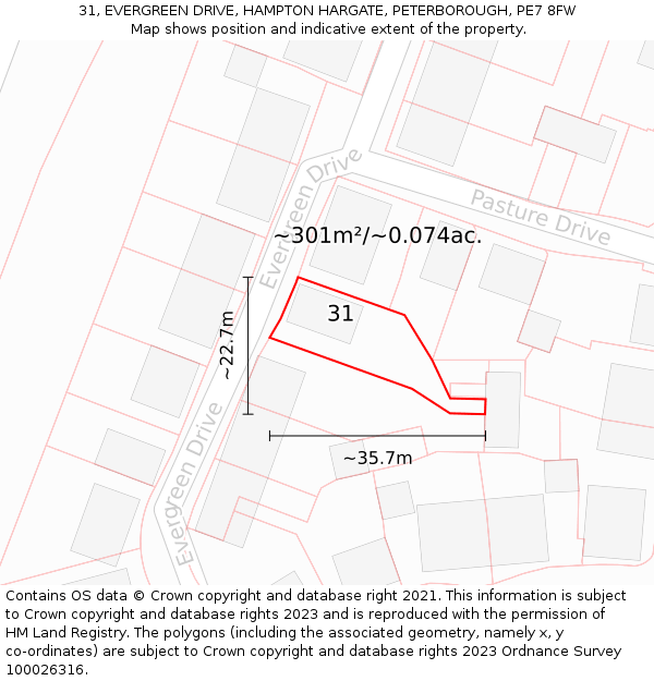 31, EVERGREEN DRIVE, HAMPTON HARGATE, PETERBOROUGH, PE7 8FW: Plot and title map