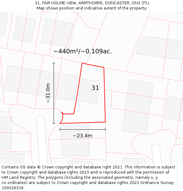 31, FAIR HOLME VIEW, ARMTHORPE, DONCASTER, DN3 3TU: Plot and title map
