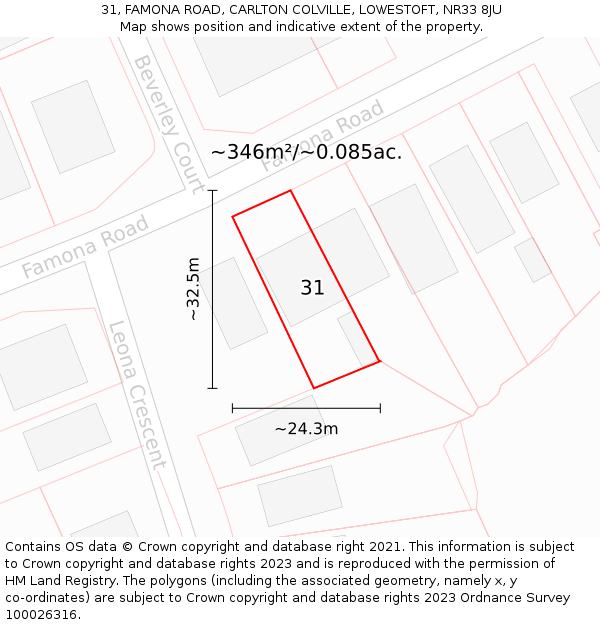 31, FAMONA ROAD, CARLTON COLVILLE, LOWESTOFT, NR33 8JU: Plot and title map