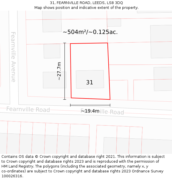 31, FEARNVILLE ROAD, LEEDS, LS8 3DQ: Plot and title map