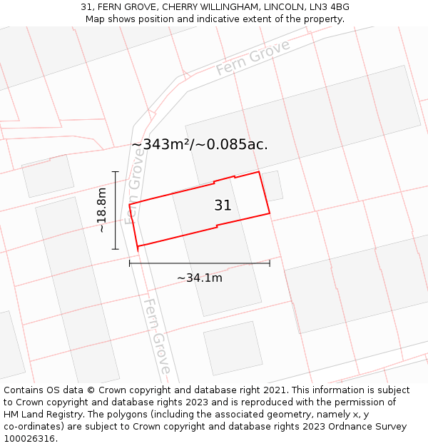 31, FERN GROVE, CHERRY WILLINGHAM, LINCOLN, LN3 4BG: Plot and title map