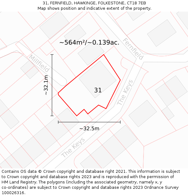 31, FERNFIELD, HAWKINGE, FOLKESTONE, CT18 7EB: Plot and title map