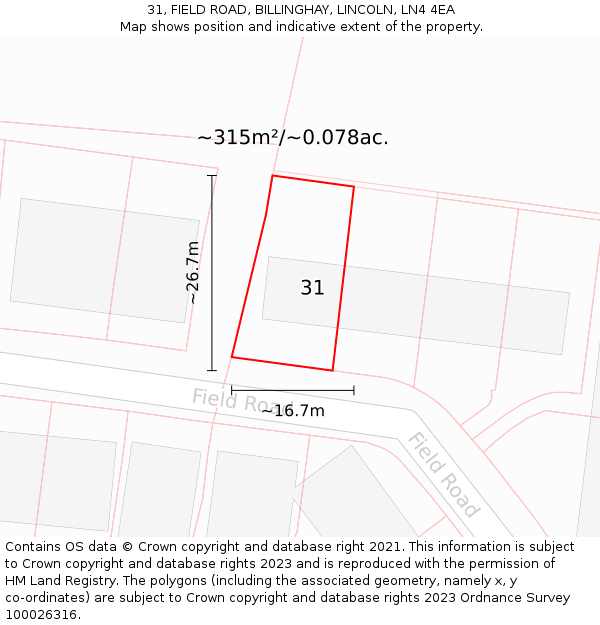 31, FIELD ROAD, BILLINGHAY, LINCOLN, LN4 4EA: Plot and title map