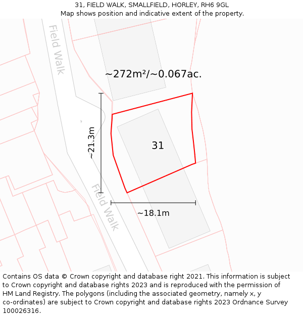 31, FIELD WALK, SMALLFIELD, HORLEY, RH6 9GL: Plot and title map