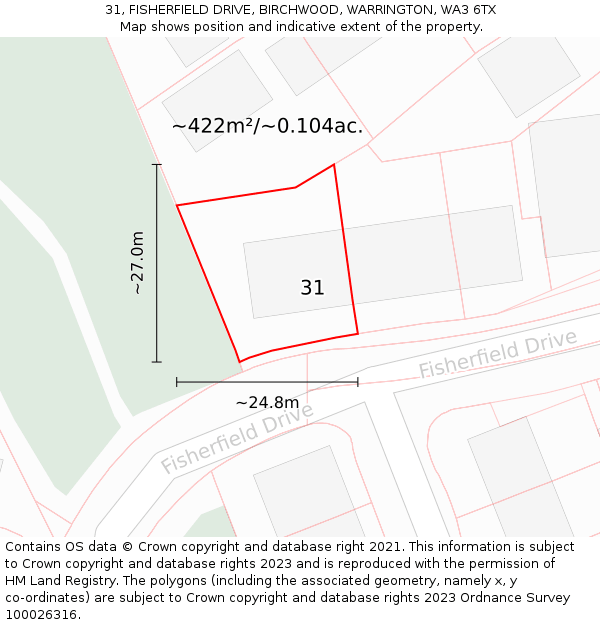 31, FISHERFIELD DRIVE, BIRCHWOOD, WARRINGTON, WA3 6TX: Plot and title map