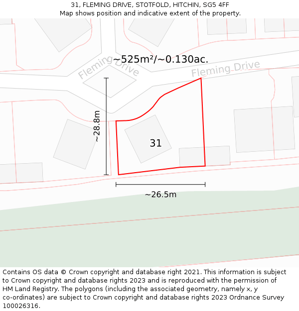 31, FLEMING DRIVE, STOTFOLD, HITCHIN, SG5 4FF: Plot and title map