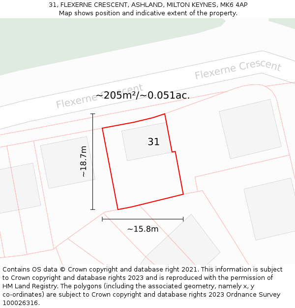 31, FLEXERNE CRESCENT, ASHLAND, MILTON KEYNES, MK6 4AP: Plot and title map