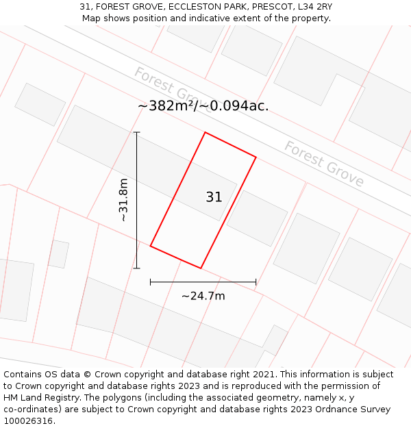 31, FOREST GROVE, ECCLESTON PARK, PRESCOT, L34 2RY: Plot and title map