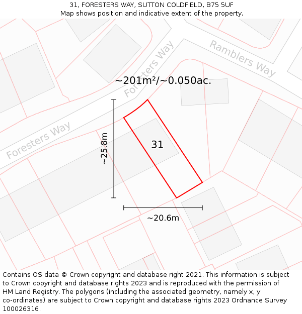 31, FORESTERS WAY, SUTTON COLDFIELD, B75 5UF: Plot and title map