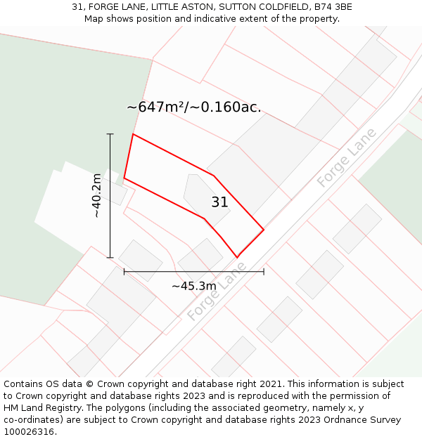 31, FORGE LANE, LITTLE ASTON, SUTTON COLDFIELD, B74 3BE: Plot and title map