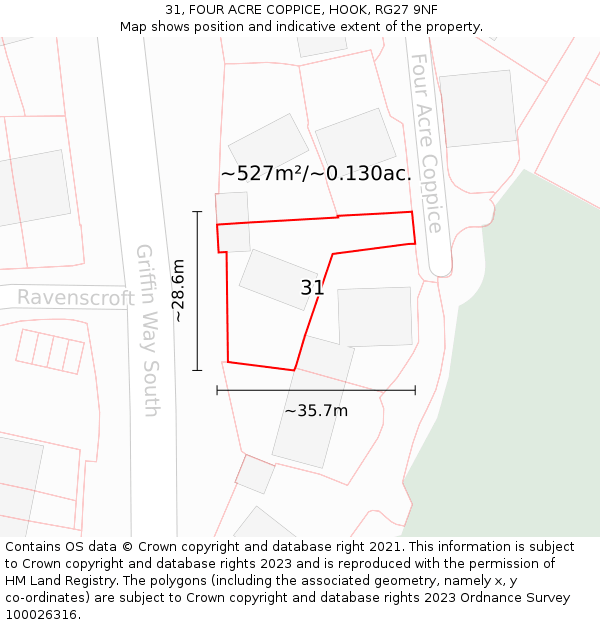 31, FOUR ACRE COPPICE, HOOK, RG27 9NF: Plot and title map