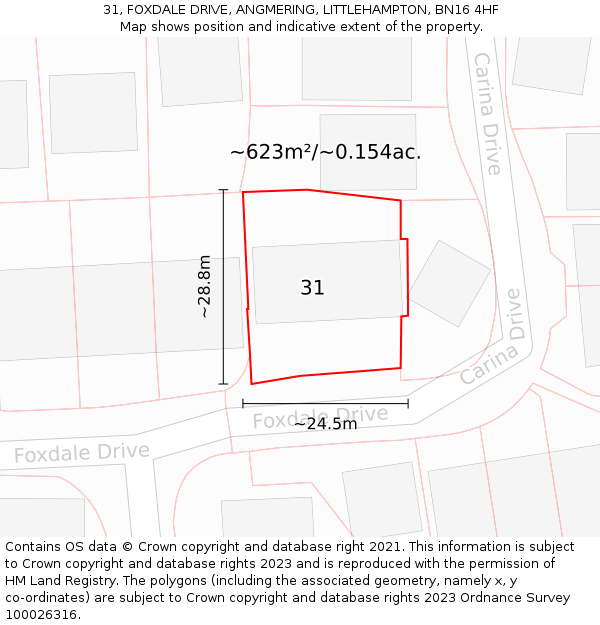 31, FOXDALE DRIVE, ANGMERING, LITTLEHAMPTON, BN16 4HF: Plot and title map