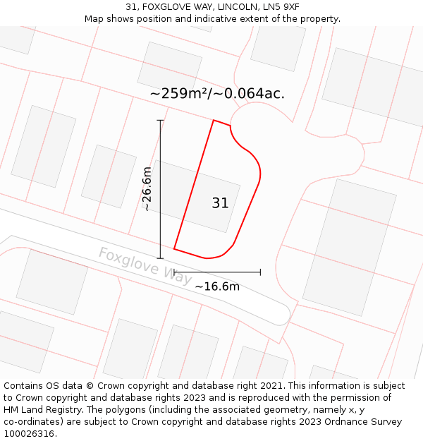 31, FOXGLOVE WAY, LINCOLN, LN5 9XF: Plot and title map