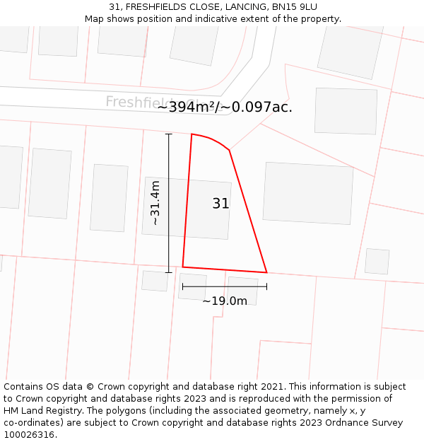 31, FRESHFIELDS CLOSE, LANCING, BN15 9LU: Plot and title map