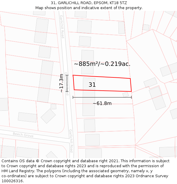 31, GARLICHILL ROAD, EPSOM, KT18 5TZ: Plot and title map