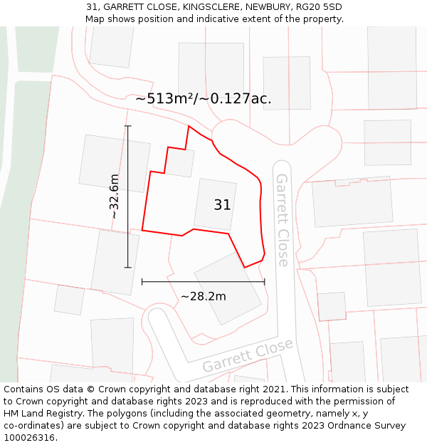31, GARRETT CLOSE, KINGSCLERE, NEWBURY, RG20 5SD: Plot and title map