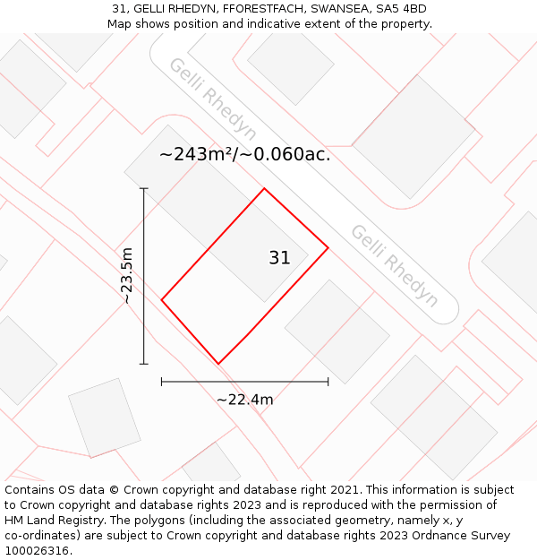 31, GELLI RHEDYN, FFORESTFACH, SWANSEA, SA5 4BD: Plot and title map