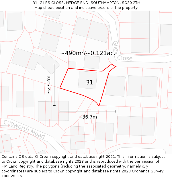 31, GILES CLOSE, HEDGE END, SOUTHAMPTON, SO30 2TH: Plot and title map