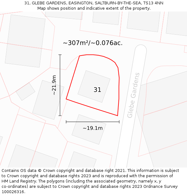 31, GLEBE GARDENS, EASINGTON, SALTBURN-BY-THE-SEA, TS13 4NN: Plot and title map