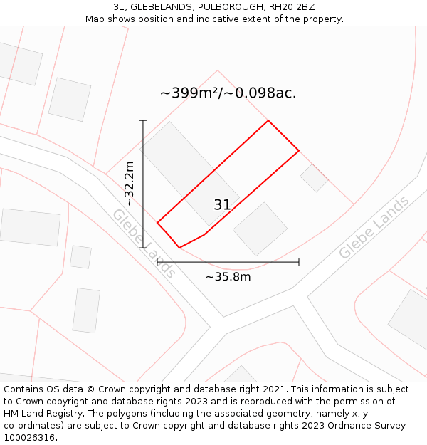 31, GLEBELANDS, PULBOROUGH, RH20 2BZ: Plot and title map