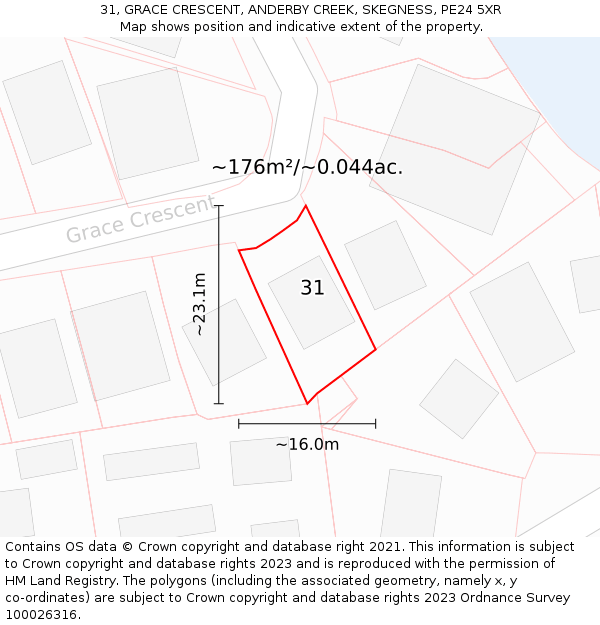 31, GRACE CRESCENT, ANDERBY CREEK, SKEGNESS, PE24 5XR: Plot and title map