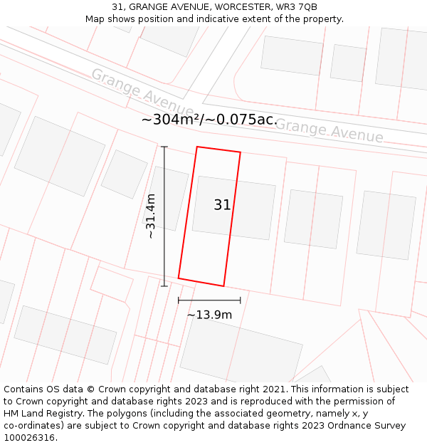 31, GRANGE AVENUE, WORCESTER, WR3 7QB: Plot and title map