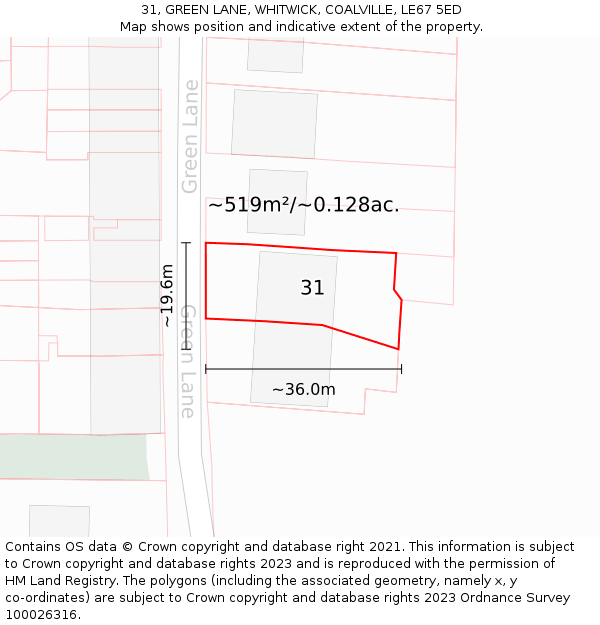 31, GREEN LANE, WHITWICK, COALVILLE, LE67 5ED: Plot and title map