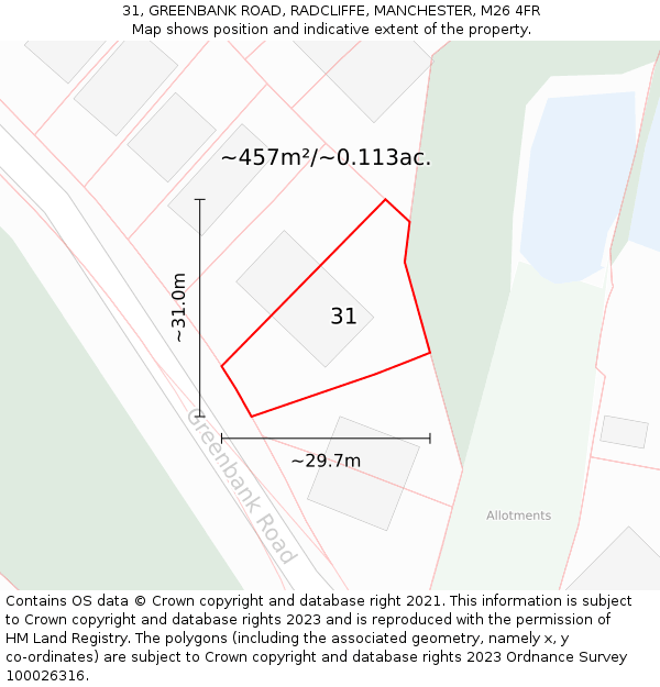 31, GREENBANK ROAD, RADCLIFFE, MANCHESTER, M26 4FR: Plot and title map