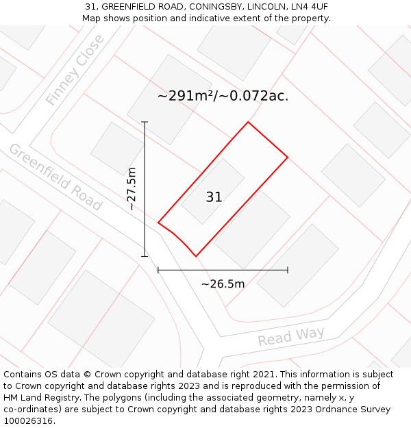 31, GREENFIELD ROAD, CONINGSBY, LINCOLN, LN4 4UF: Plot and title map
