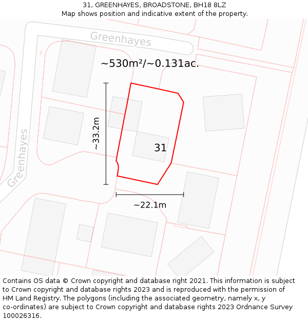 31, GREENHAYES, BROADSTONE, BH18 8LZ: Plot and title map