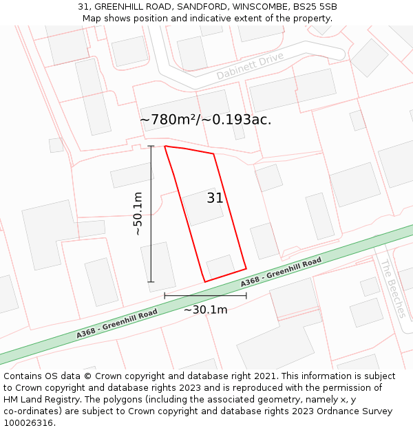 31, GREENHILL ROAD, SANDFORD, WINSCOMBE, BS25 5SB: Plot and title map
