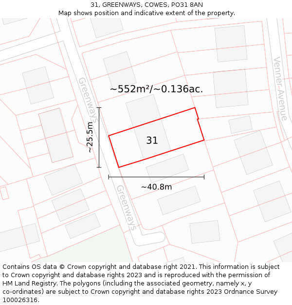 31, GREENWAYS, COWES, PO31 8AN: Plot and title map