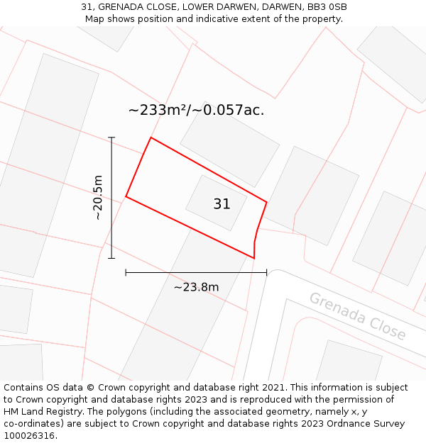 31, GRENADA CLOSE, LOWER DARWEN, DARWEN, BB3 0SB: Plot and title map